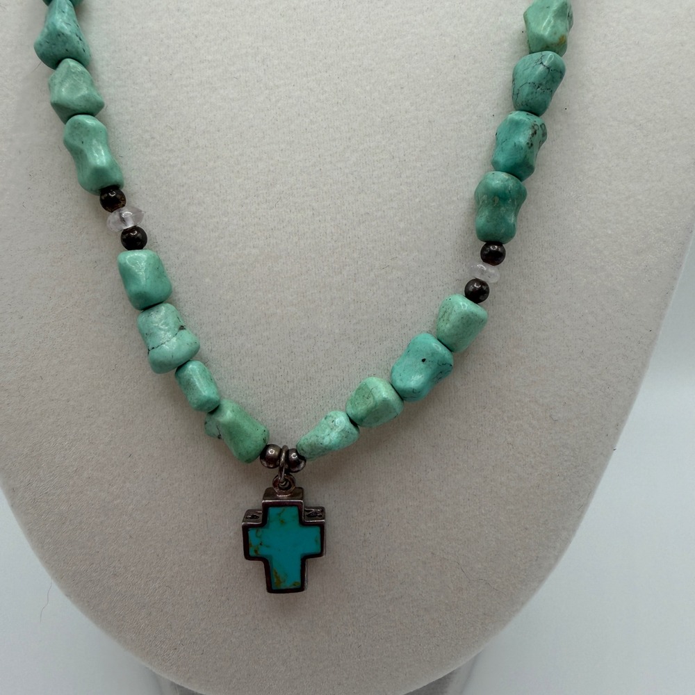 Natural Turquoise Nugget Necklace Cross 925 Southwestern Reversible Cross